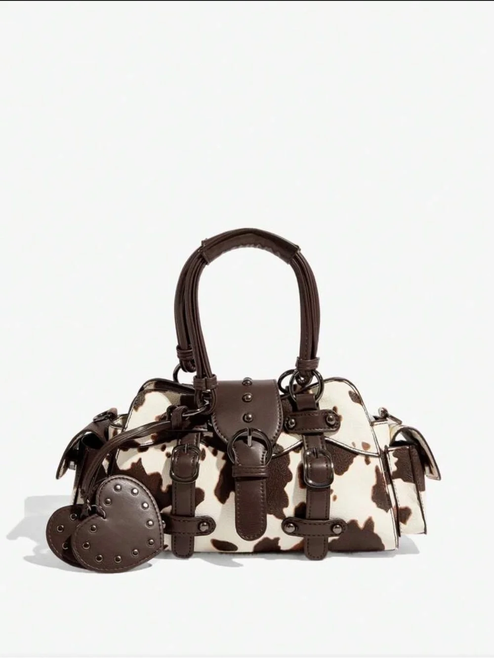 NEW ARRIVAL FAUX Cowhide-Print Brown Top-Handle Satchel with Heart Charm